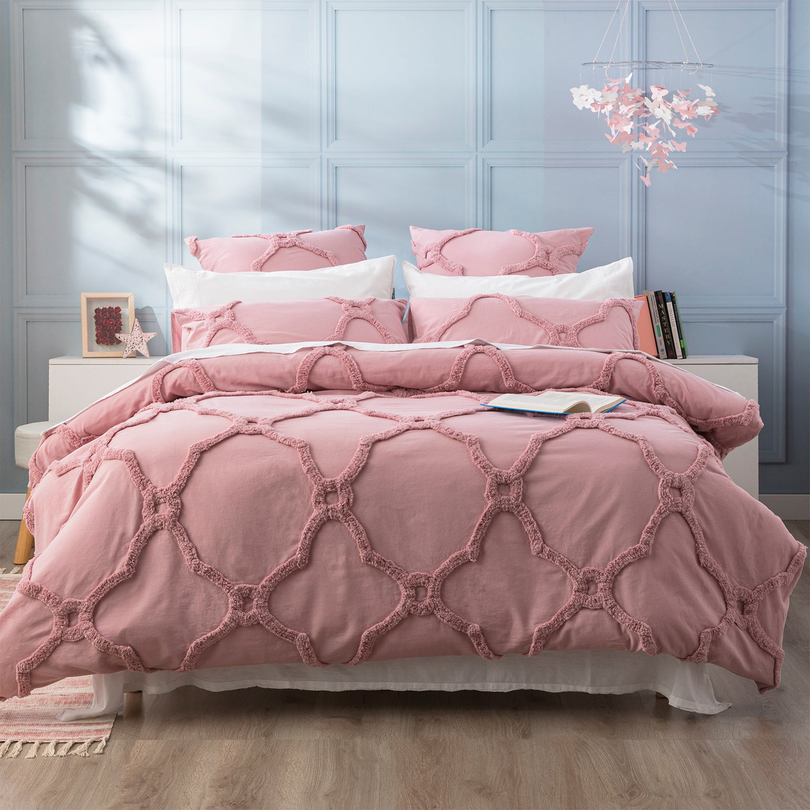 Moroccan Quilt Cover Tufted Cotton Chenille Set Blush-0
