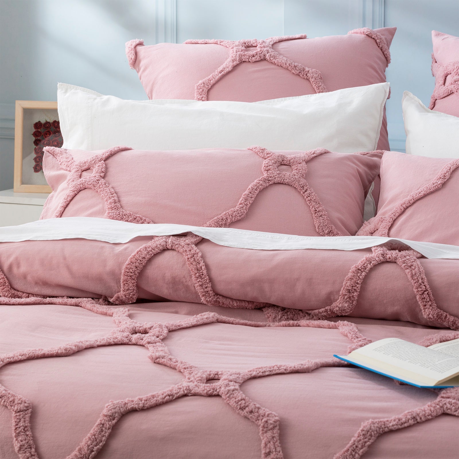 Moroccan Quilt Cover Tufted Cotton Chenille Set Blush-1