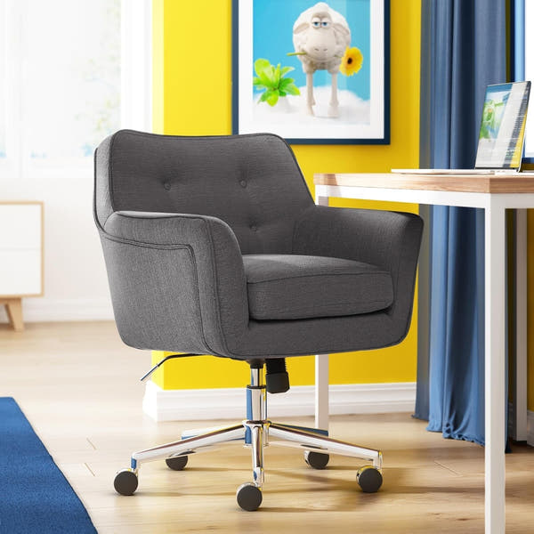 Ashland Home Office Desk Chair with Button Tufted Mid-Back, Memory Foam Cushion and Padded Arms, Mid Century Modern Vanity Armchair with Wheels for Bedroom, Chrome Metal Base, Dark Gray