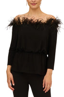 Adrianna Papell Off The Shoulder 3/4 Sleeve with Feather Accents-0