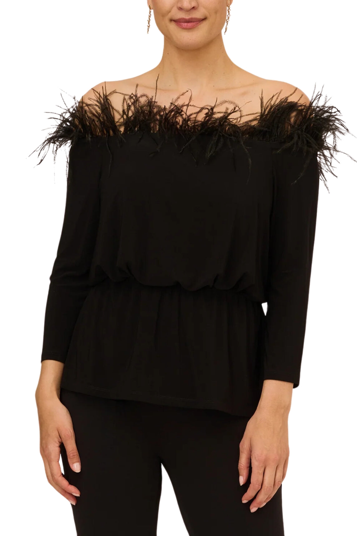 Adrianna Papell Off The Shoulder 3/4 Sleeve with Feather Accents-0