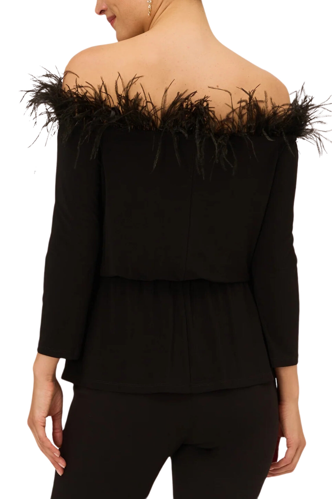 Adrianna Papell Off The Shoulder 3/4 Sleeve with Feather Accents-1